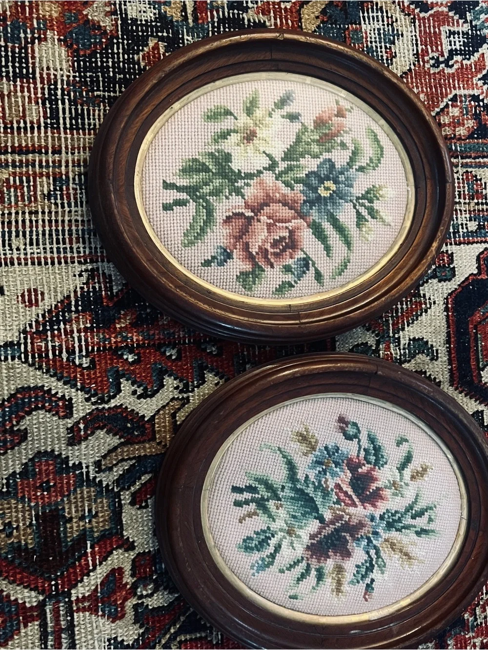 Vintage Floral Needlepoint Wall Plaques -